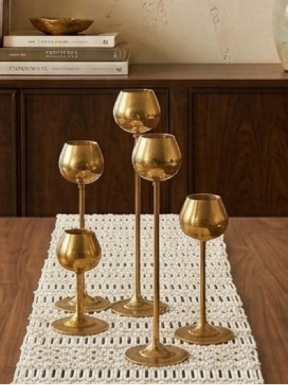 Set of 5 Vintage MCM Solid Brass Tulip Candlestick Holders - Graduated Heights